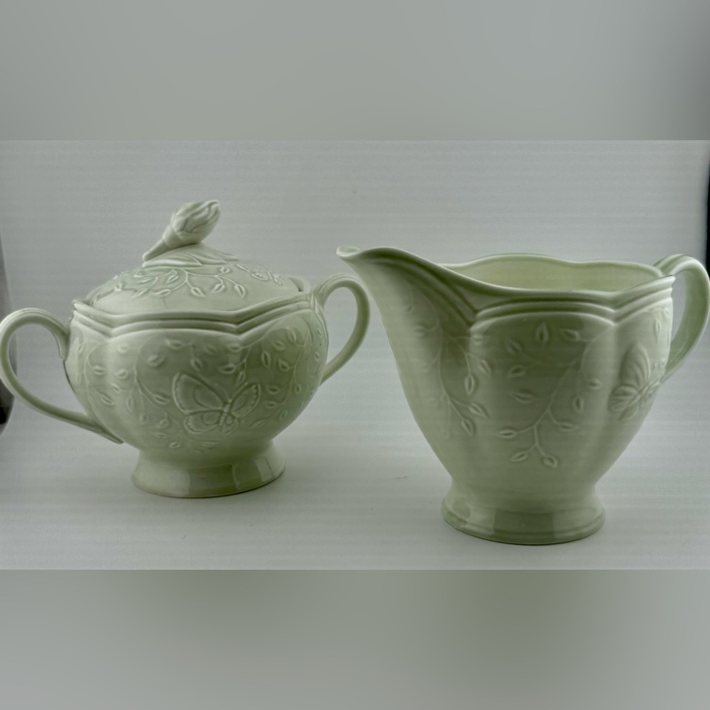 Lenox Butterfly Meadow sugar bowl with lid and creamer in mint green porcelain.